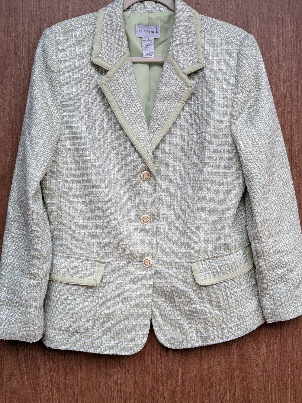 Old Money Sage Bouclé Tweed Blazer Pearl Buttons Size 14